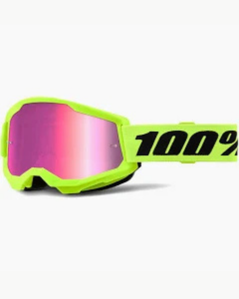 MASCHERA MOTOCROSS 100% STRATA 2 GIALLO FLUO LENTE SPECCHIATA ROSA
